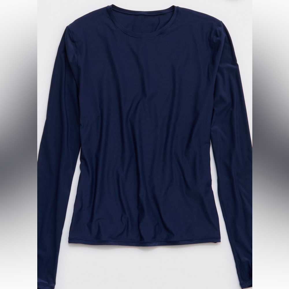 NWT Aerie Smoothez Long Sleeve Crew T-Shirt Navy Blue Large Fitted Smoothing Top - Picture 3 of 5